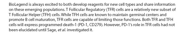 BioLegend is always excited to both develop reagents for new cell types and share information on these emerging populations. T Follicular Regulatory (TFR) cells are a relatively new subset of T Follicular Helper (TFH) cells. While TFH cells are known to maintain germinal centers and promote B cell maturation, TFR cells are capable of limiting those functions. Both TFR and TFH cells will express programmed death-1 (PD-1, CD279). However, PD-1's role in TFR cells had not been elucidated until Sage, et al. investigated it.