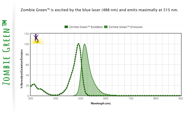 Zombie Green is excited by the blue laser (488nm) and emits maximally at 515 nm