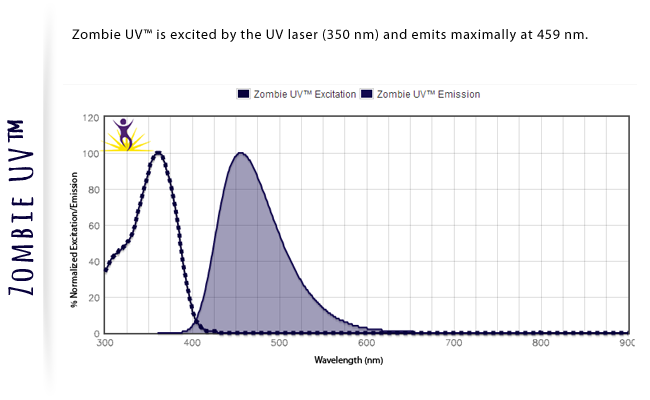 Zombie UV is excited by the UV laser (350 nm) and emits maximally at 459 nm